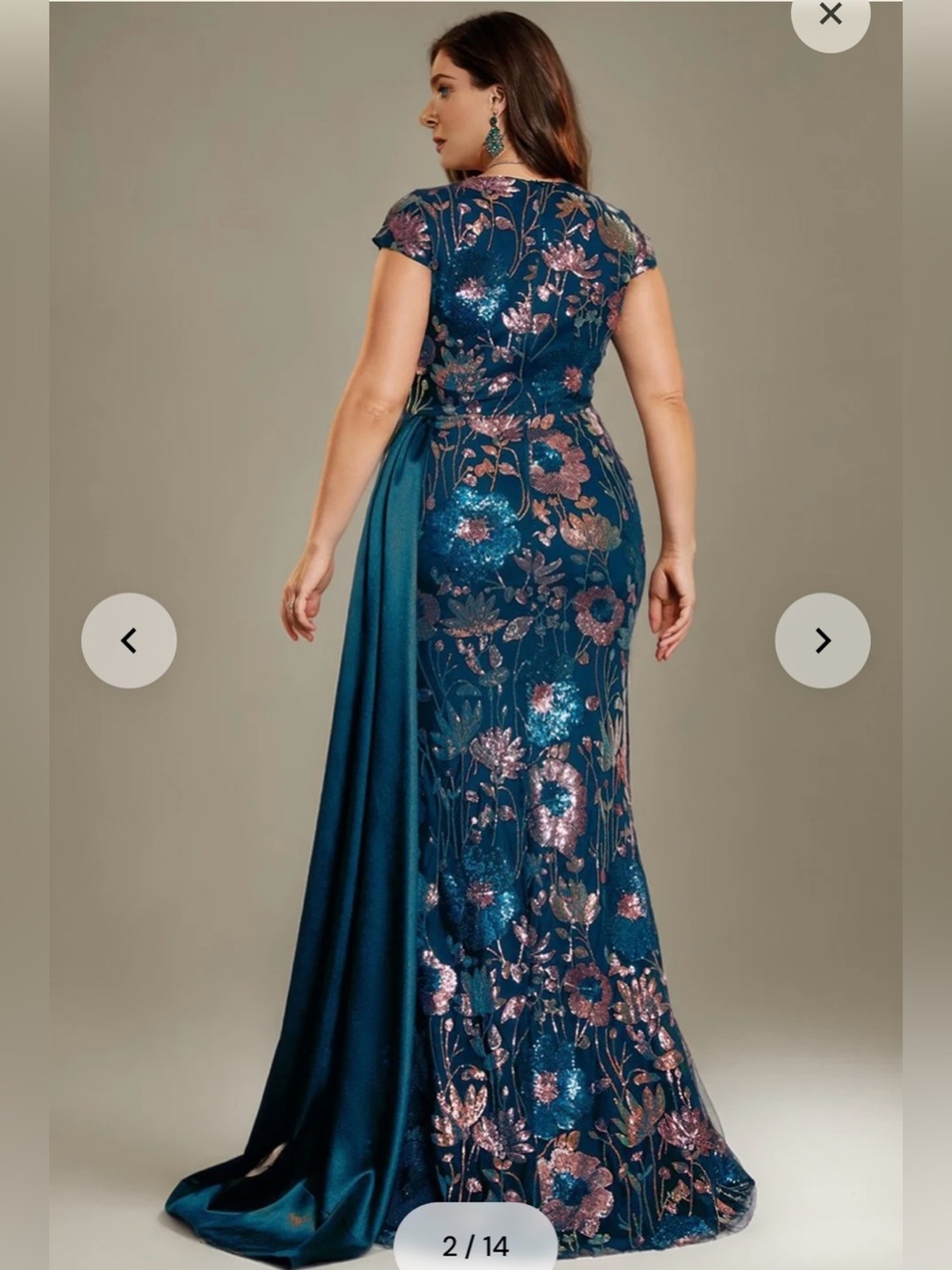 Blue Floral Sequin Evening Gown - Picture 2 of 9